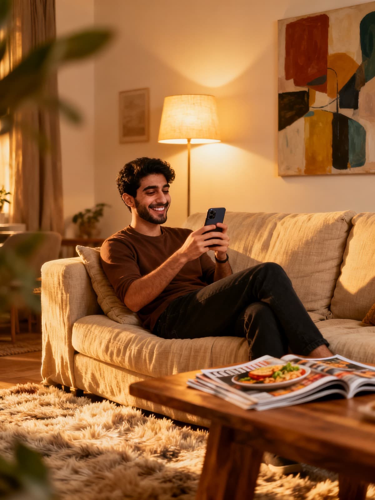 Müşteri kanepede oturarak telefonundan QR menüye bakıyor ve sipariş veriyor