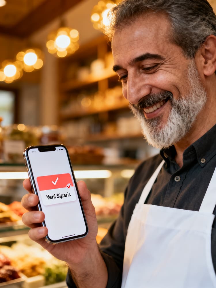 Gülümseyen restoran sahibi telefonuna bakıyor — qodla'dan gelen siparişi görüyor